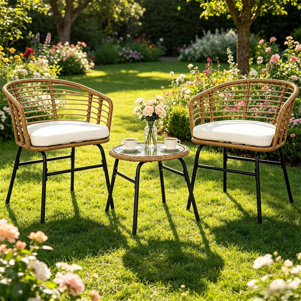 3 Pieces PE Rattan Patio Bistro Set, Outdoor Conversation Furniture with Off White Zipper Cushions & Tempered Glass Tabletop for Balcony Porch Garden