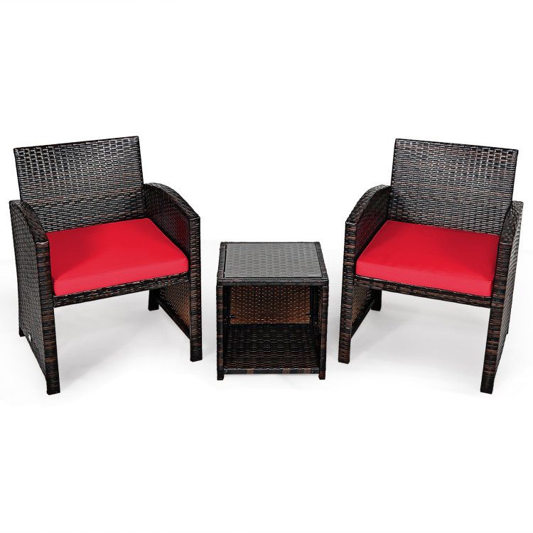 3 Pieces PE Rattan Wicker Furniture Set with Cushion Sofa Coffee Table for Garden
