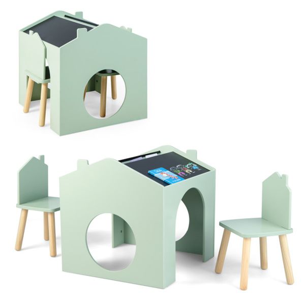 3 Pieces Wooden Kids Table and Chair Set - Inclined Chalkboards (with Chalk Groove) + Ergonomic Backrest Chairs