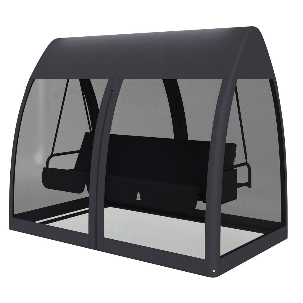3 Seat Outdoor Swing Chair Convertible Covered Day Bed with Canopy, Mesh Netting, Steel Stand for Garden, Patio, Gray