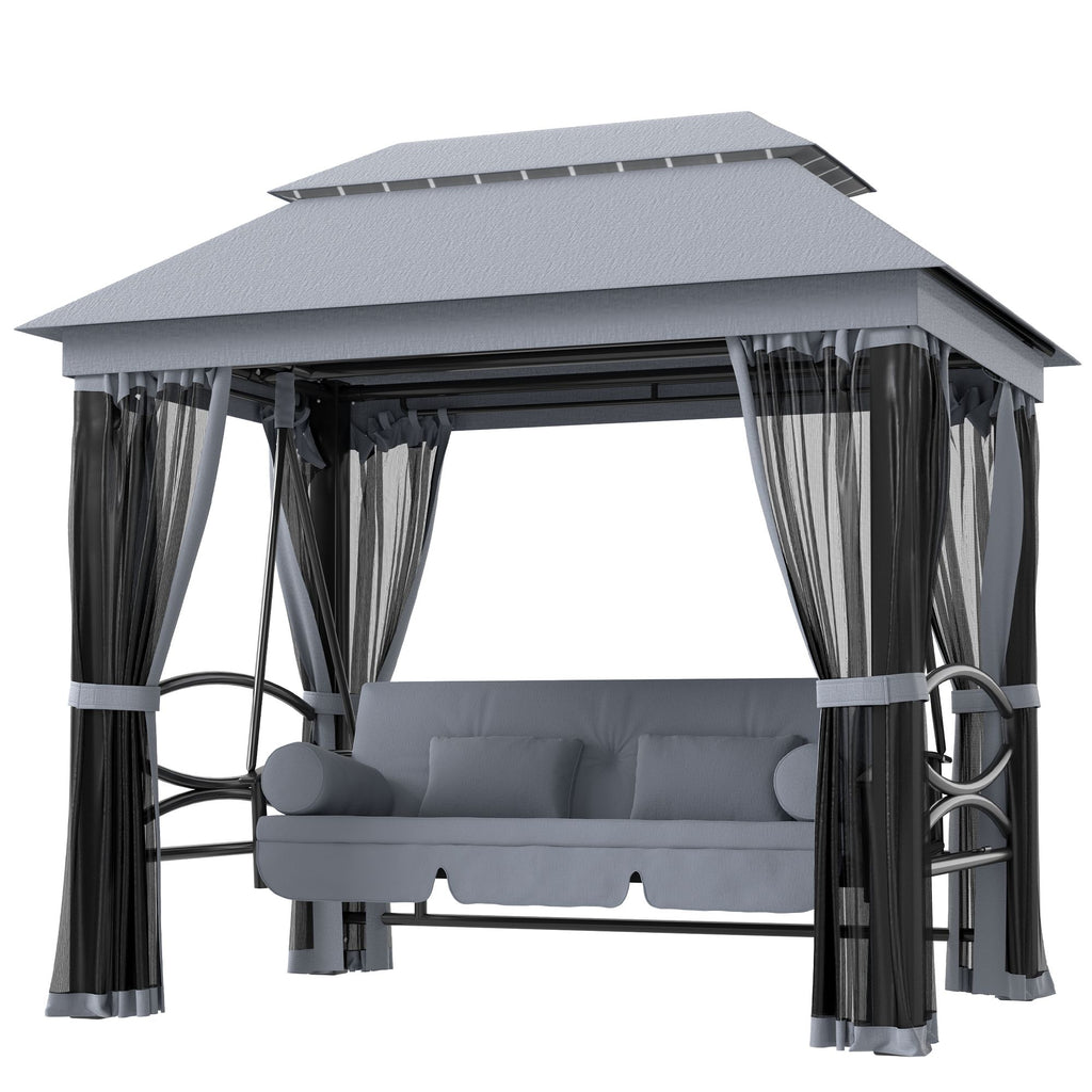 3-Seat Patio Swing Chair with Double Tier Canopy, Porch Swing Chair with Stand, Mesh Sidewalls, Cushioned Seat and Pillows, Gray