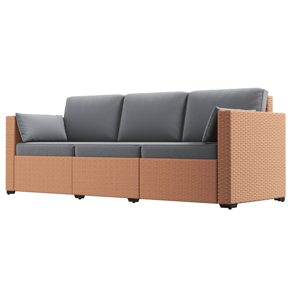 3-Seat Wicker Patio Sofa PE Rattan Outdoor Couch with Deep Seating Cushions Gray Sand