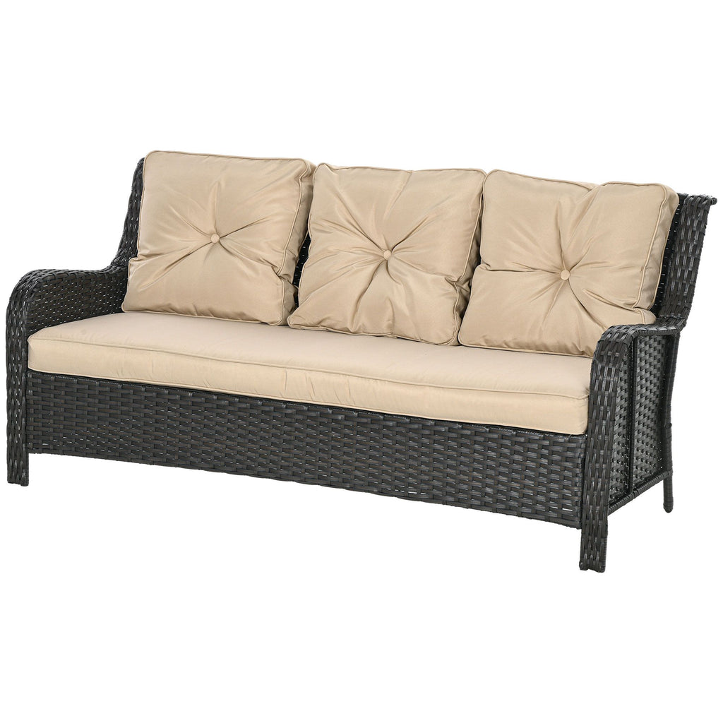 3-Seater PE Rattan Outdoor Sofa with Thick Cushions Curved Armrests Beige