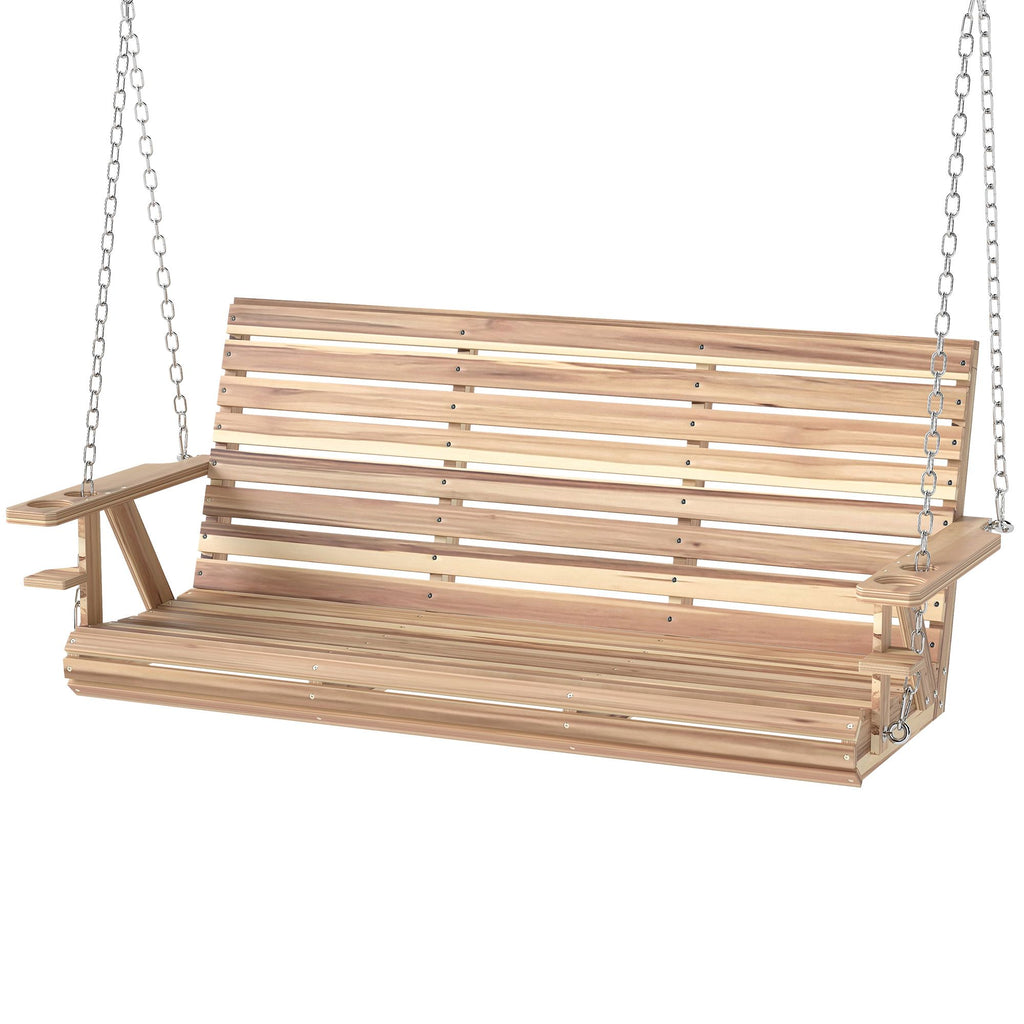 3-Seater Swing Bench, Wooden Porch Swing with Cupholders, Hanging Chains for Patio Garden, Nature Wood
