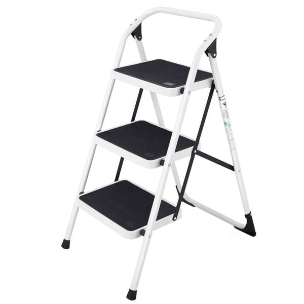 3-Step Folding Ladder - 330lbs Capacity, Anti-Slip Steps & Foot Pads, Lightweight Space-Saving Design (Black/White)