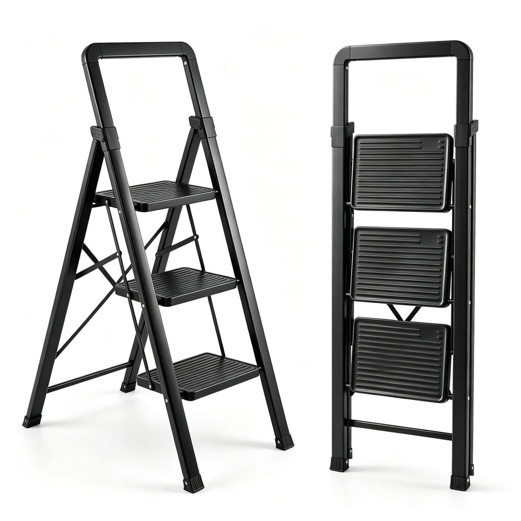 3 Step Folding Step Ladder, 330 lbs Heavy-Duty Metal Step Stool with Reinforced X-Structure, Anti-Slip Wide Pedals Portable Foldable Ladder for Home Kitchen Cleaning Decor
