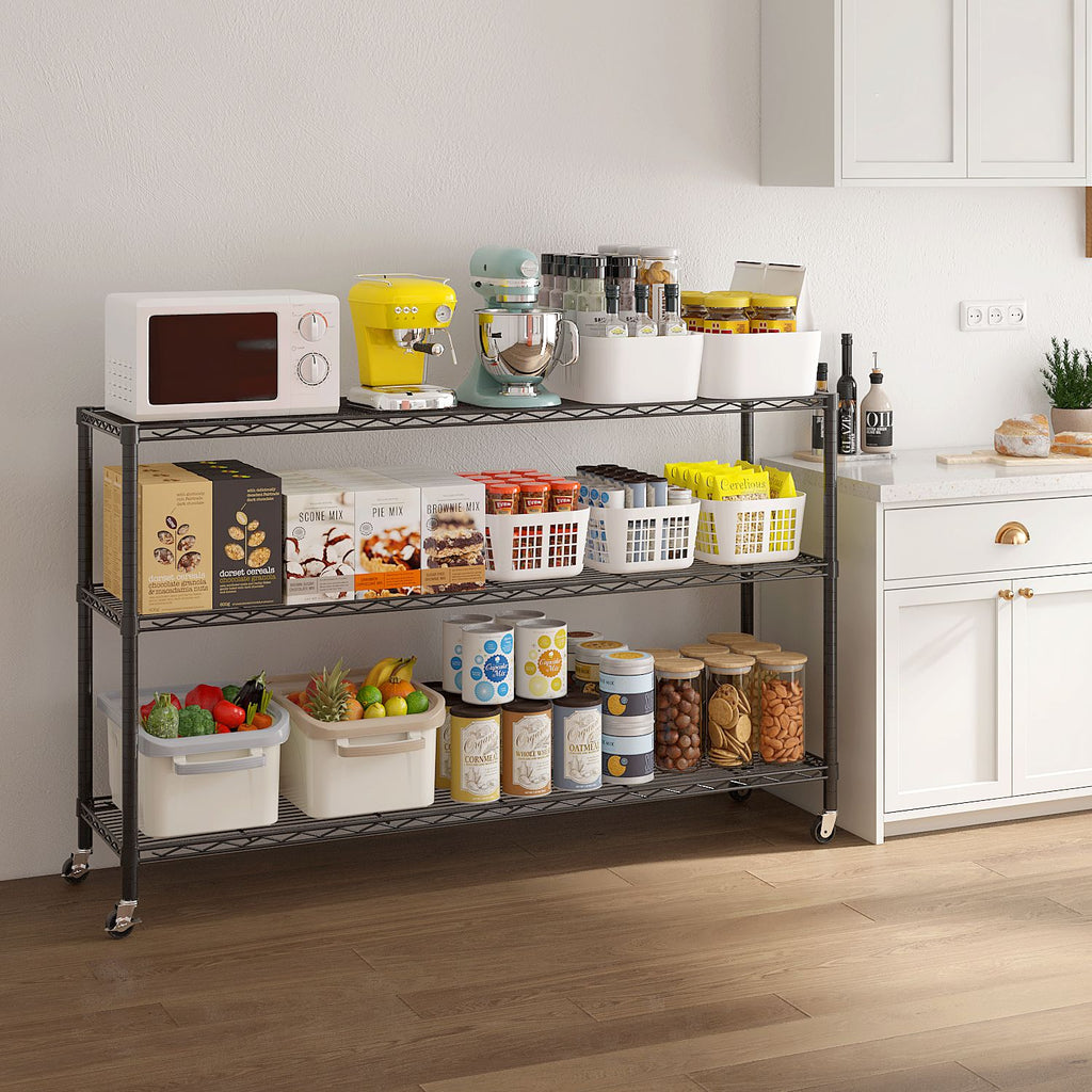 3-tier, adjustable shelf spacing, with adjustable feet and wheels, iron display stand, 117*45*104cm, powder-coated black