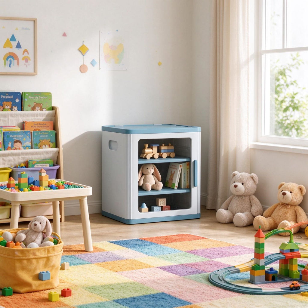3-Tier Adjustable Toy Storage Organizer, Dustproof HDPE Plastic Cabinet with Transparent Door, Light Blue