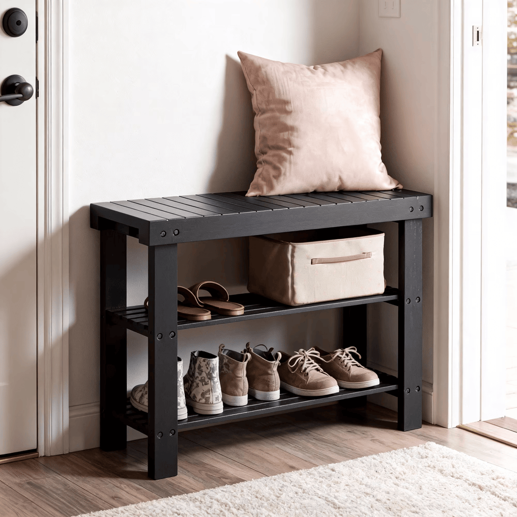 3-Tier Bamboo Shoe Rack Bench , EntrywayStorageOrganizer with 2 Shelves , Multi-Purpose Hallway Seat & Shelf , Holds 286lb , Easy Assembly , Ink Black