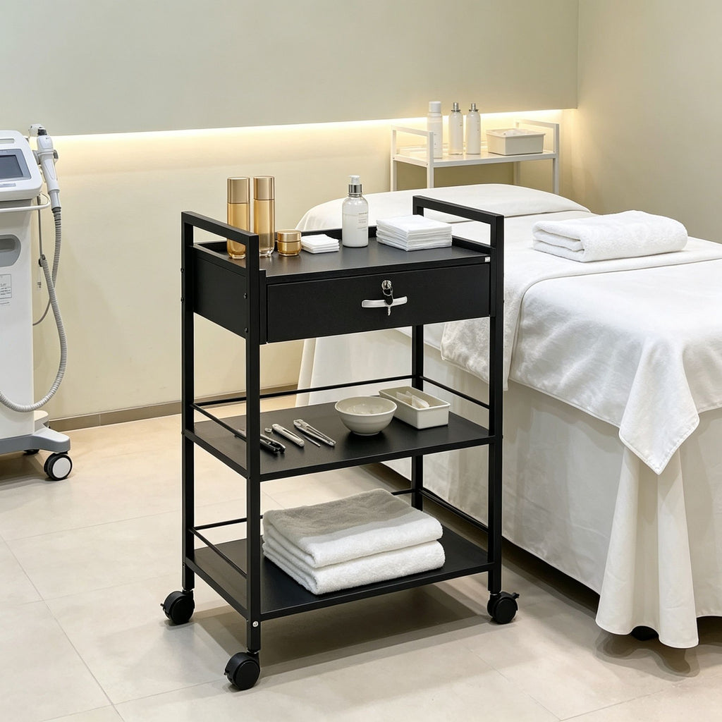3-Tier Beauty Salon Trolley Cart with Lockable Drawer, MDF Rolling Storage Station, 4 Wheels (2 Lockable), for Hair Salon, SPA & Barbershop