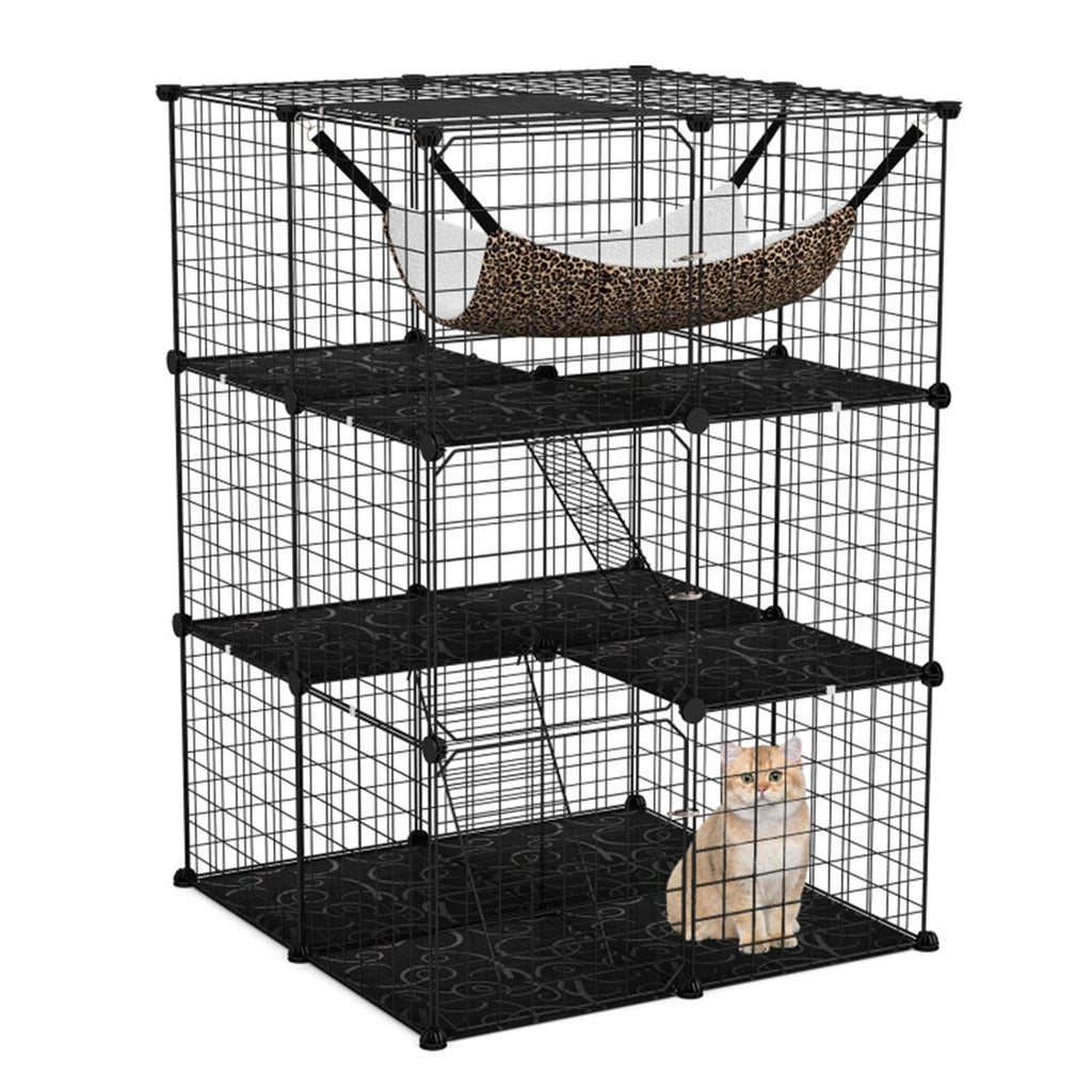 3-Tier Black Cat Cage - 74x74x107.5cm, PP+Metal, DIY Assembly, Hammock & Ladders, for 1-3 Cats/Small Pets