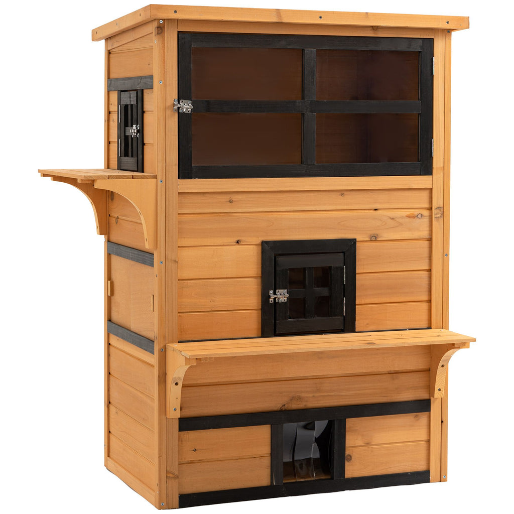 3-Tier Cat House Feral Cat House, Outdoor Kitten Condo with Raised Floor, Asphalt Roof, Escape Door, Jumping Platform, Yellow