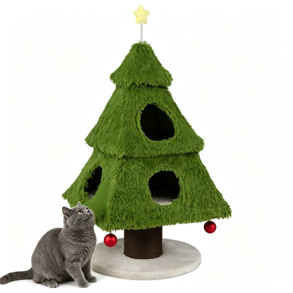 3-Tier Christmas Cat Tree Tower, Stable Pyramid Frame Cat Furniture with Dual Access Condo, Paper Rope Scratching Post, Interactive Star & Dangling Balls, Washable Plush Cat Hideaway for Indoor Cats
