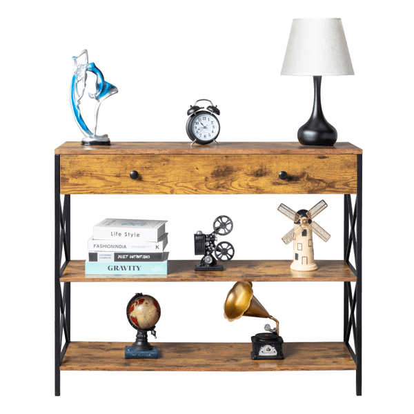 3 Tier Console Table for Entryway with Drawer and 2 Open Storage, Industrial Sofa Table with Storage for Living Room, Narrow Console Table with X Design, Sturdy and Durable