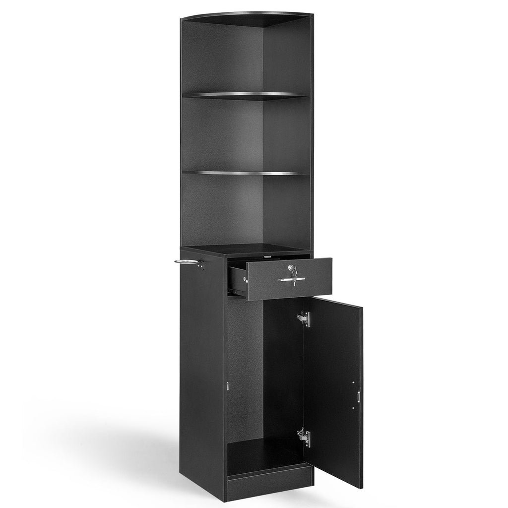 3-Tier Corner Salon Cabinet with 1 Door & 1 Drawer, 15mm E0 Grade Particleboard Matt Black, 75.2" H Multipurpose Storage Cabinet for Beauty Salon Spa Bathroom Bedroom