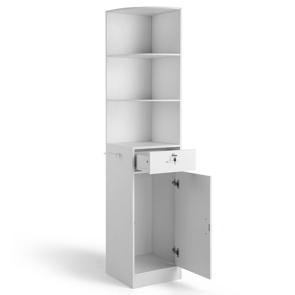 3-Tier Corner Salon Cabinet with 1 Door & 1 Drawer, 15mm E0 Grade Particleboard Matt White, 75.2" H Multipurpose Storage Cabinet for Beauty Salon Spa Bathroom Bedroom