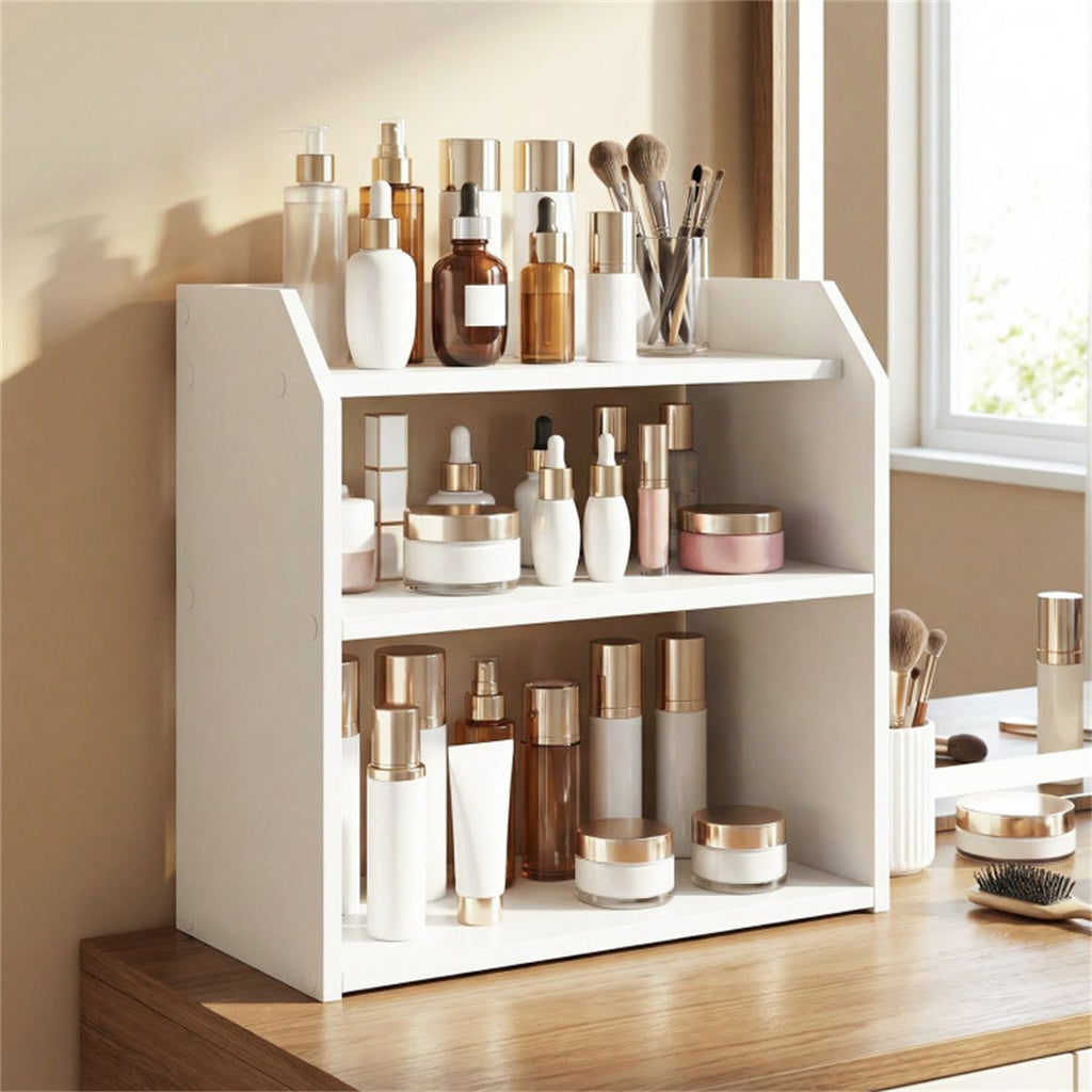 3-Tier Desktop Storage Shelf, Raised Guardrail Anti-Fall Tabletop Organizer for Home Office