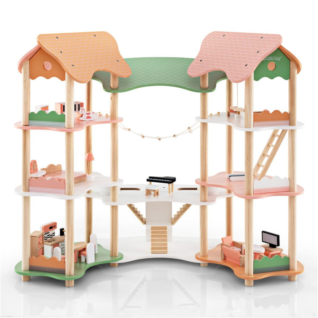 3-Tier Dollhouse with 7 Rooms & 31 Cute Furniture, MDF+Pine Wood Corner Design Kids Toy