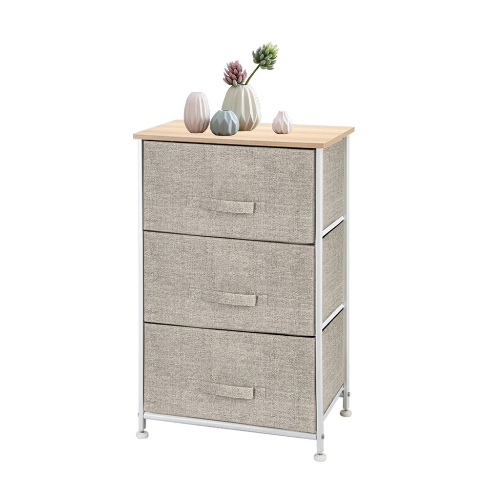 3-Tier Dresser Drawer, Storage Unit with 3 Easy Pull Fabric Drawers and Metal Frame, Wooden Tabletop, for Closets, Nursery, Dorm Room, Hallway RT