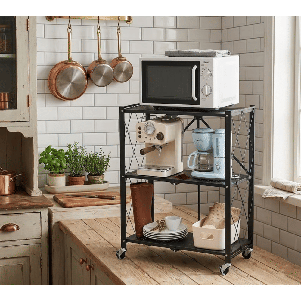 3-Tier Foldable Metal Storage Shelves with Wheels, Heavy Duty Storage Rack, Folding Shelf Metal Rack, Shelving Unit for Kitchen, Garage