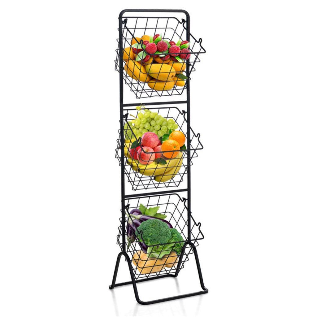 3-Tier Fruit Basket Stand - Removable Wire Bowls, Convertible to 1/2 Tier, Steel Frame with Non-Slip Pads, Black
