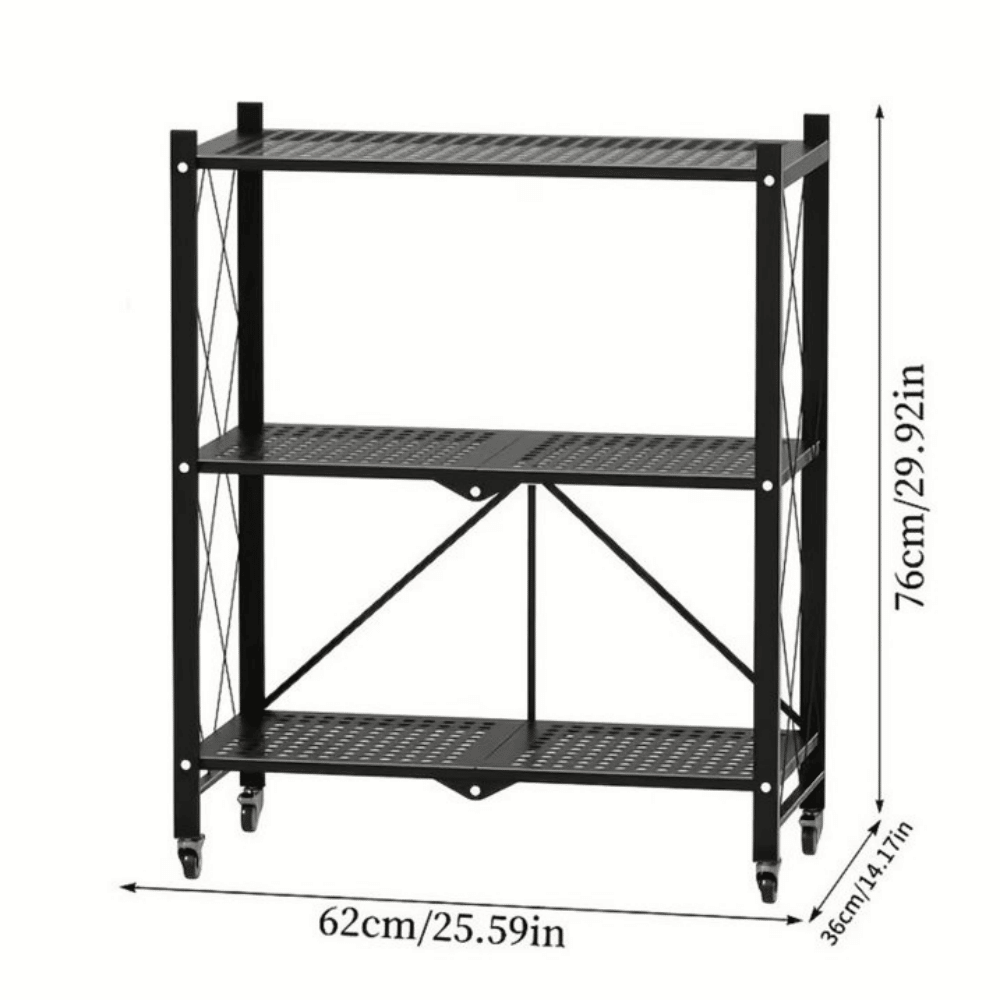 3-Tier Heavy Duty Metal Rack Foldable Shelf Organizer, Kitchen Storage Cart with Lockable Wheel