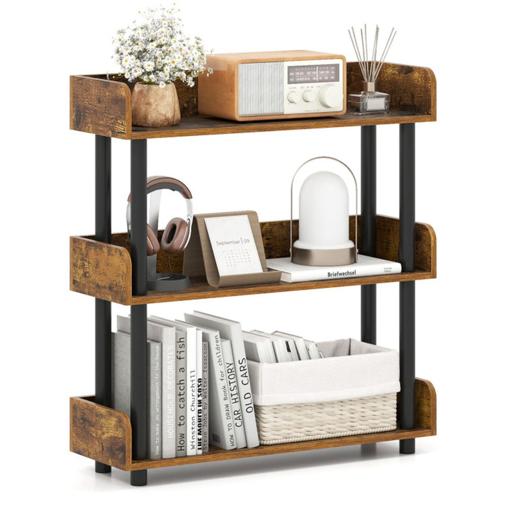 3-Tier Industrial Bookshelf with Anti-Falling Guardrails, 33 LBS Per Shelf Storage Organizer - Rustic Brown