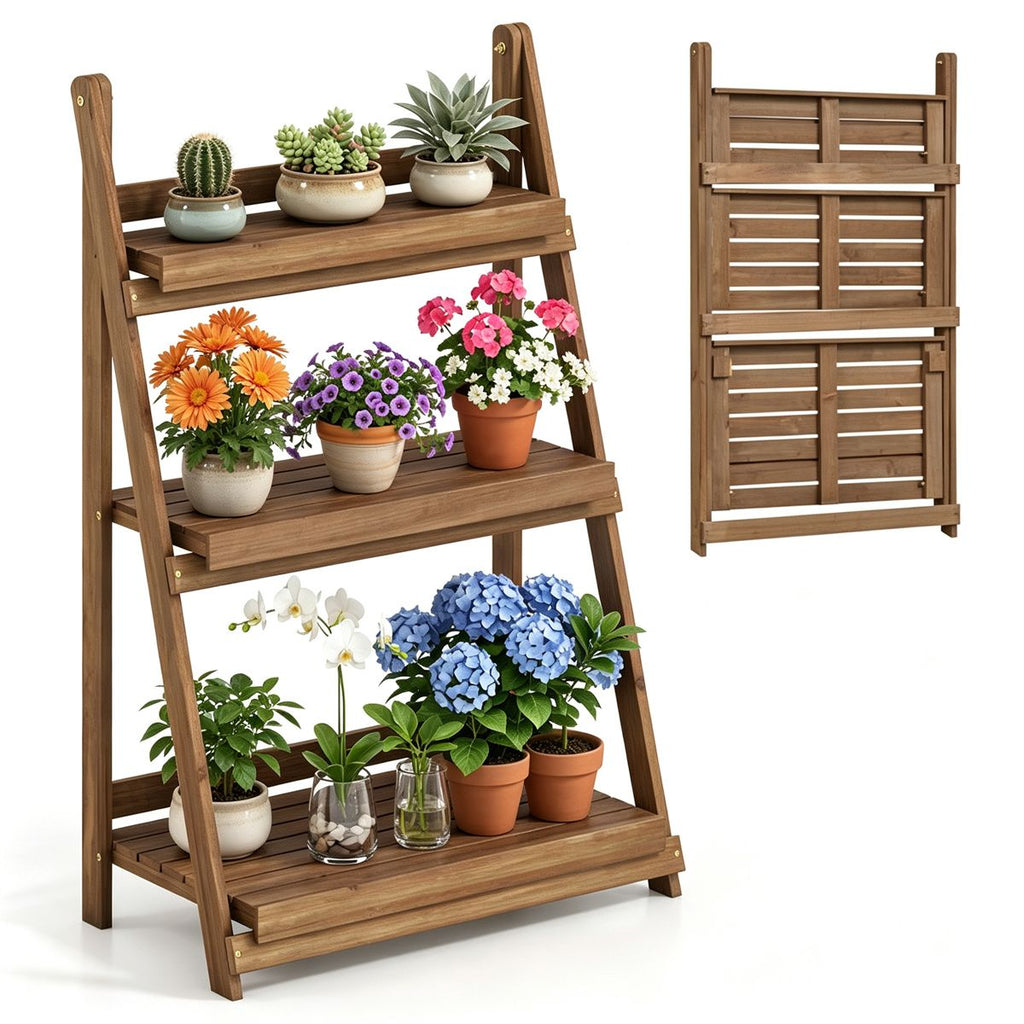 3-Tier Ladder Plant Stand, Foldable Fir Wood Flower Pot Rack with A-Shaped Reinforced Structure, Multi-Purpose Display Shelf for Indoor Outdoor Balcony Garden Living Room Decor - Brown