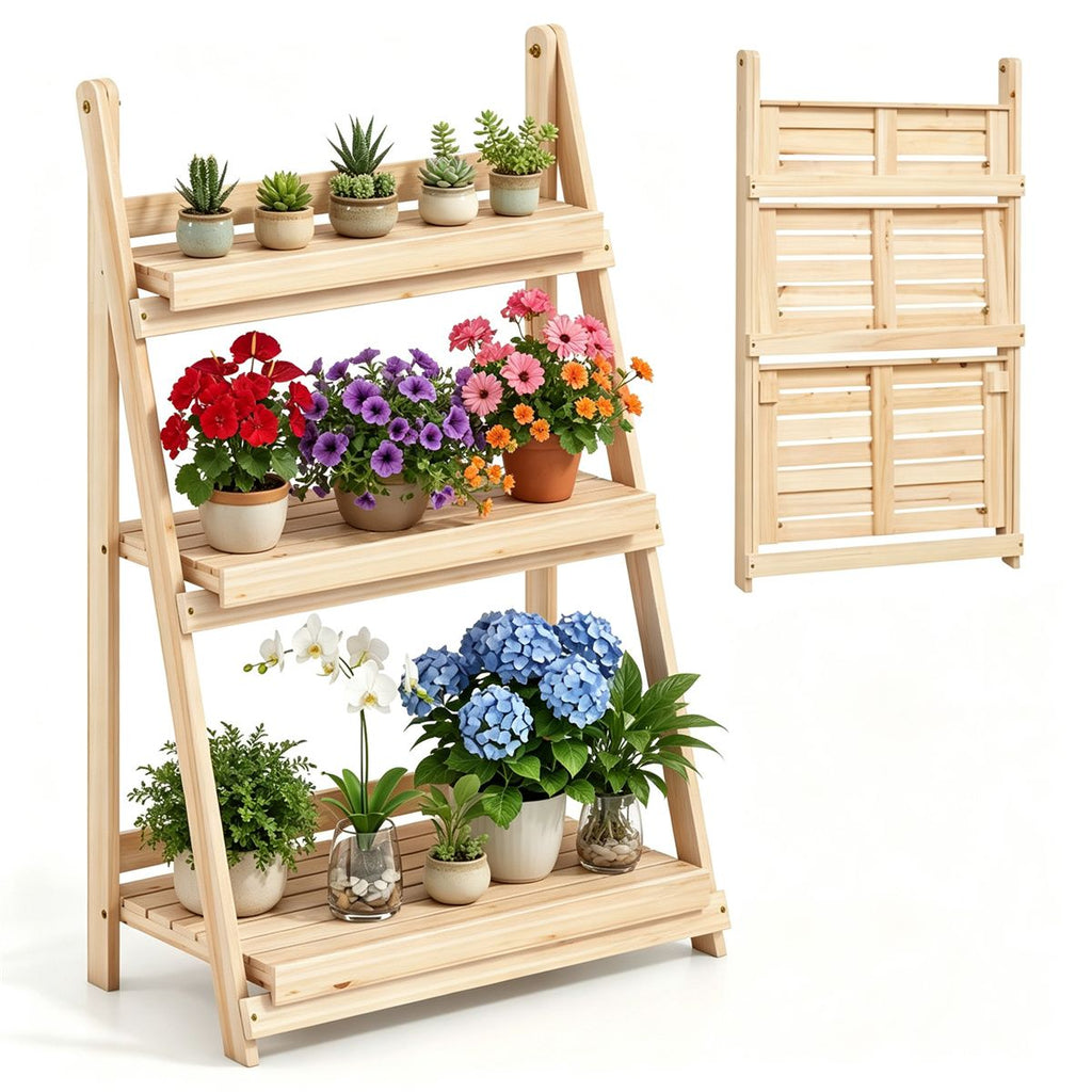 3-Tier Ladder Plant Stand, Foldable Fir Wood Flower Pot Rack with A-Shaped Reinforced Structure, Multi-Purpose Display Shelf for Indoor Outdoor Balcony Garden Living Room Decor - Natural