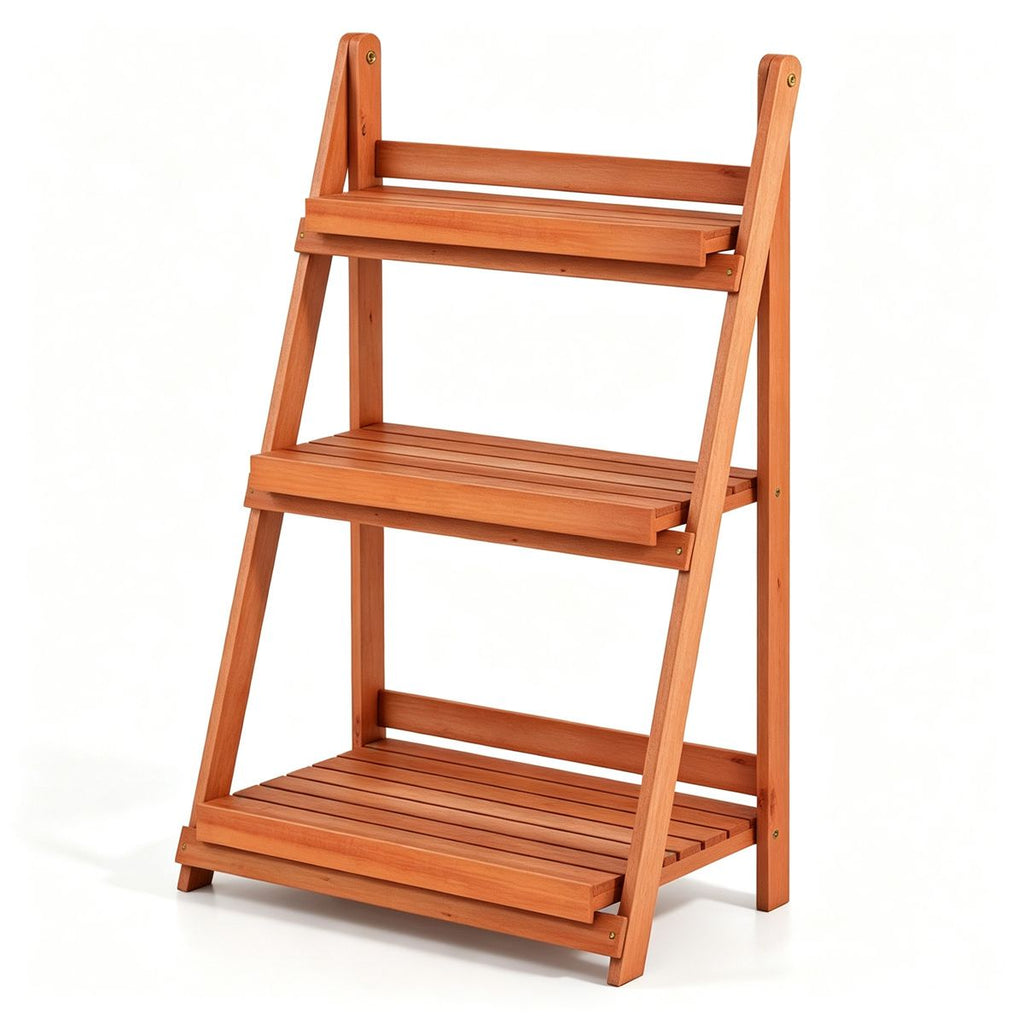 3-Tier Ladder Plant Stand, Foldable Fir Wood Flower Pot Rack with A-Shaped Reinforced Structure, Multi-Purpose Display Shelf for Indoor Outdoor Balcony Garden Living Room Decor - Orange