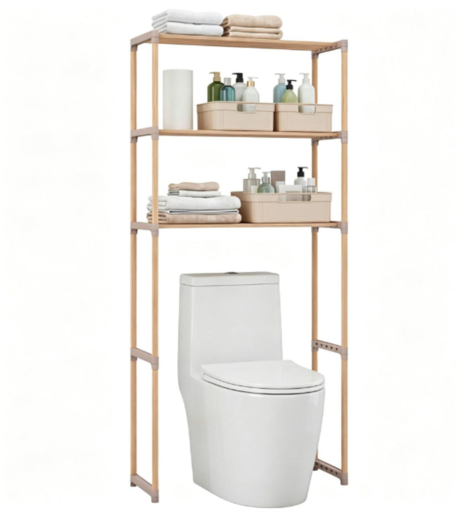 3-Tier Over Toilet Storage Shelf, Solid Pine Wood Bathroom Space-Saving Organizer Rack with Anti-Slip Feet, Tool-Free Assembly Above Toilet Shelving Unit