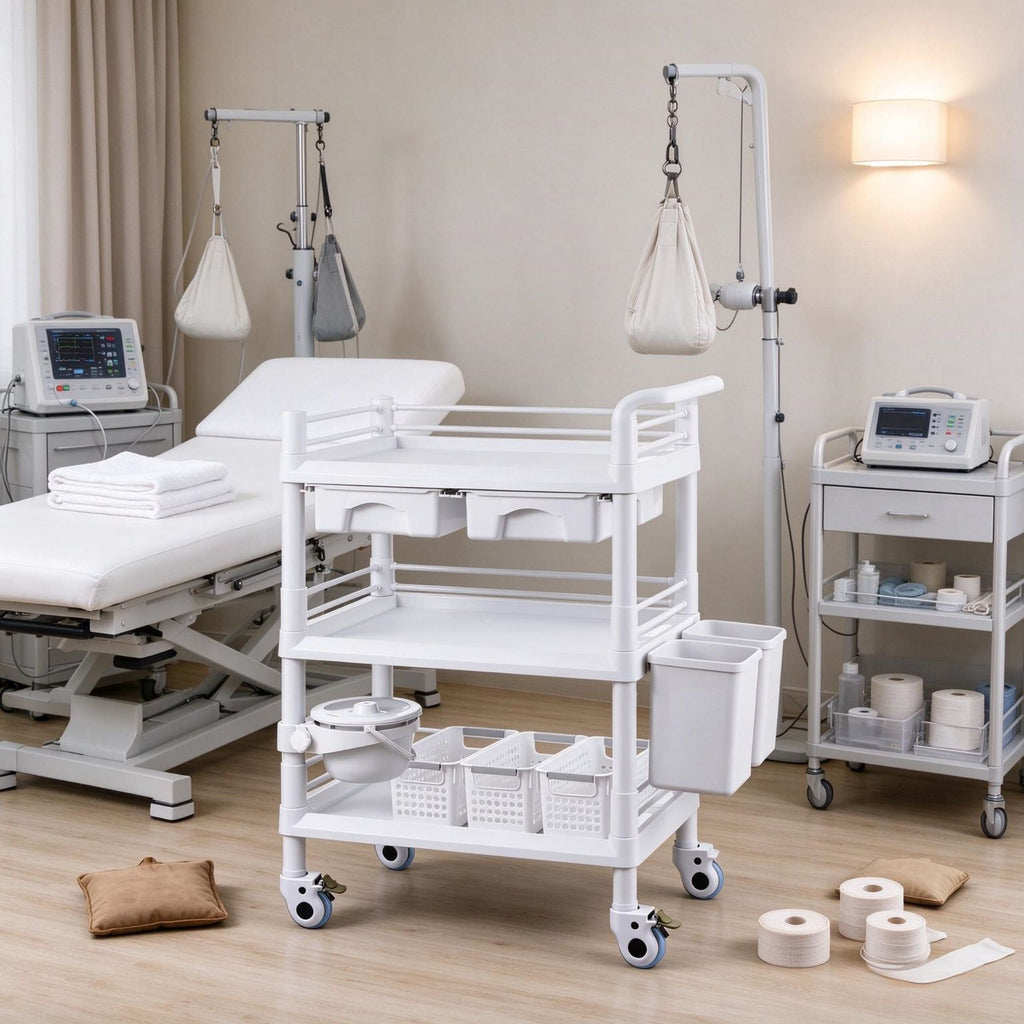 3-Tier Rolling Lab Cart, Mobile Utility Cart with 3 Trays, 4 Silent Wheels & 3 Trash Cans, PP Medical Cart for Lab, Clinic, Hospital, Salon, White