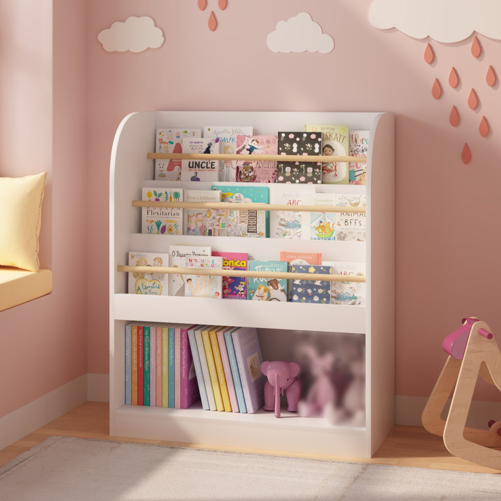 3-Tier Scalloped Bookshelf, Bookcase for Toddlers, Wooden Book Shelf Organizer Display Furniture for Kids Rooms, Playroom, Nursery and Classroom, White