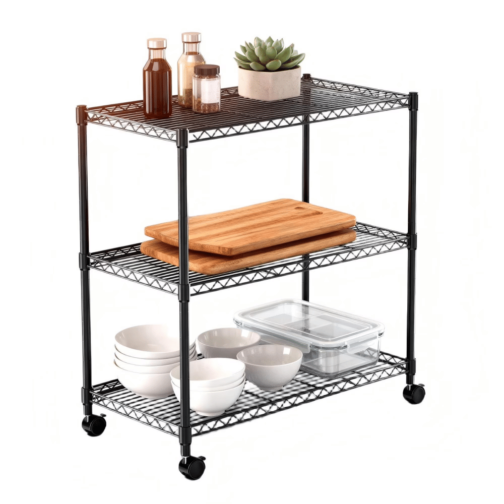 3-Tier Shelving Storage Shelves,Steel Organizer Wire Rack with Wheels,Adjustable Storage Units,23" W x 13" D x 30" H,Black (Shipment from Walmart)