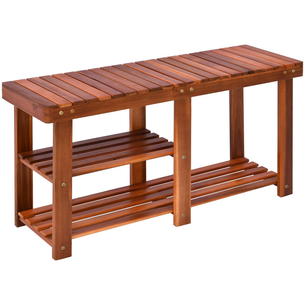 3-Tier Shoe Storage Bench, Acacia Wood, Teak Finish, for Hallway, Shoe, Boot Organizer