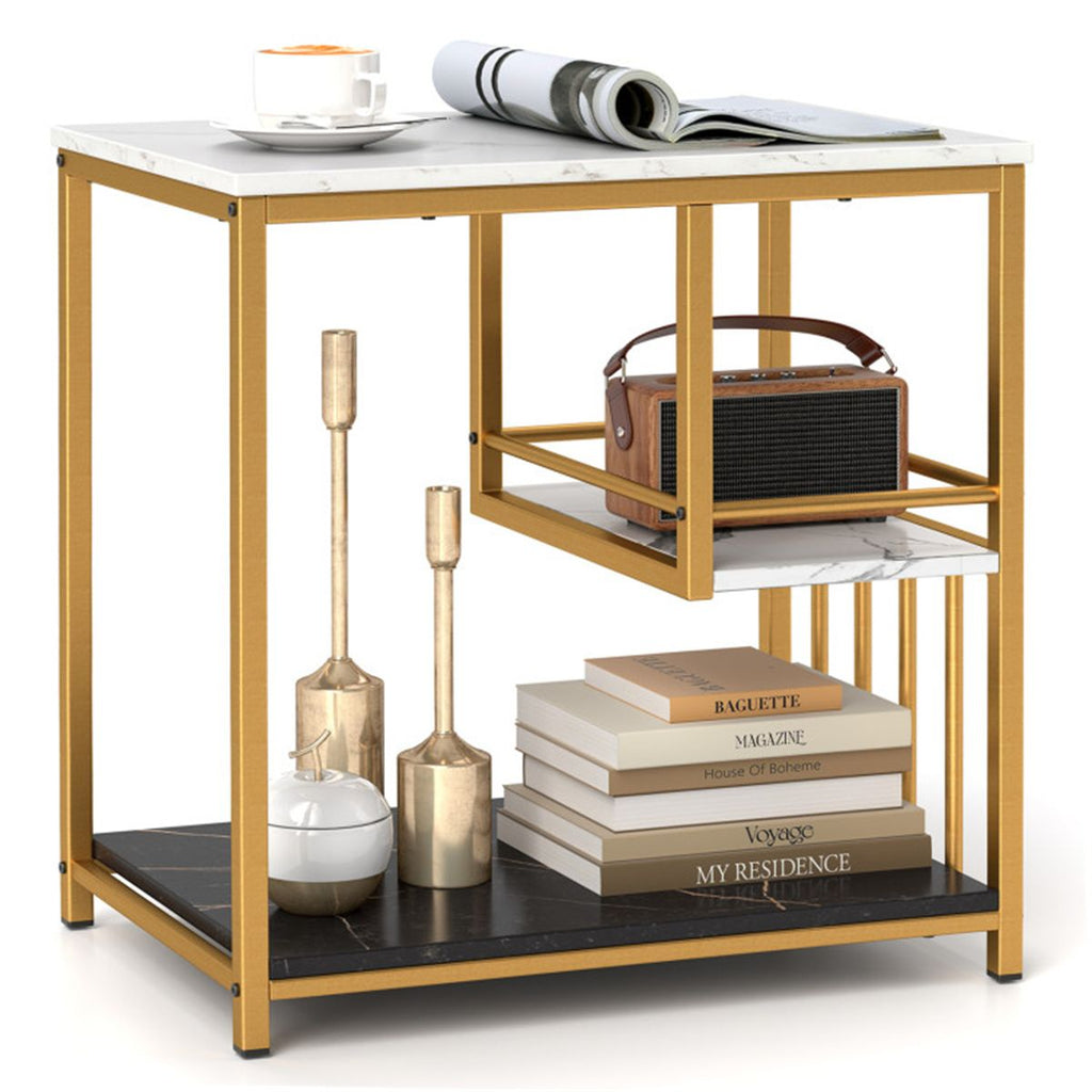 3-Tier Side Table with Marble Top & Gold Frame, Modern 23.5" End Table for Living Room Bedroom