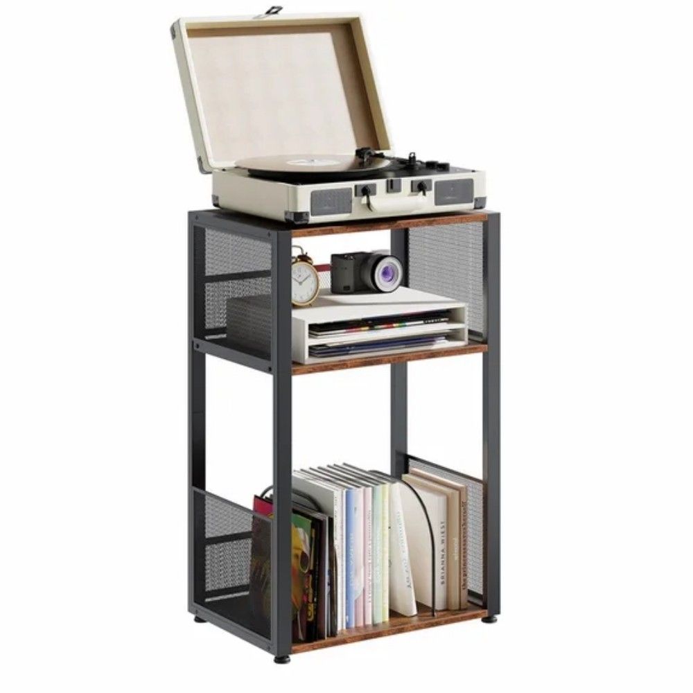 3 Tier Turntable Table with Vinyl Storage for up to 100 Albums, End Side Table for Living RoomRust Brown (Shipment from Walmart)