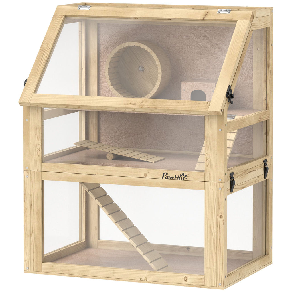 3 Tier Wooden Hamster Cage w/ Detachable Bottom, Hut, Seesaw, Exercise Wheel, Ramps, 24" x 16" x 29.5"