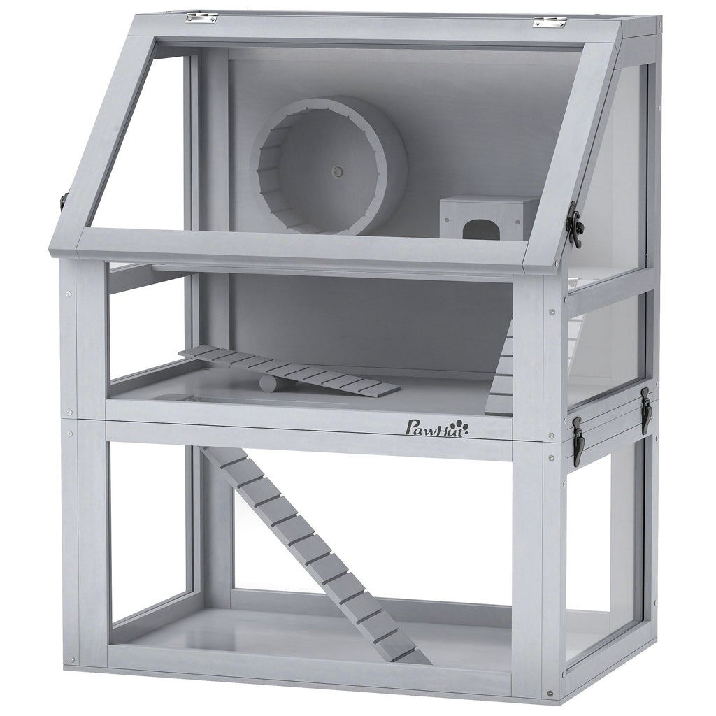 3 Tier Wooden Hamster Cage w/ Detachable Bottom, Hut, Seesaw, Exercise Wheel, Ramps, 24" x 16" x 29.5"