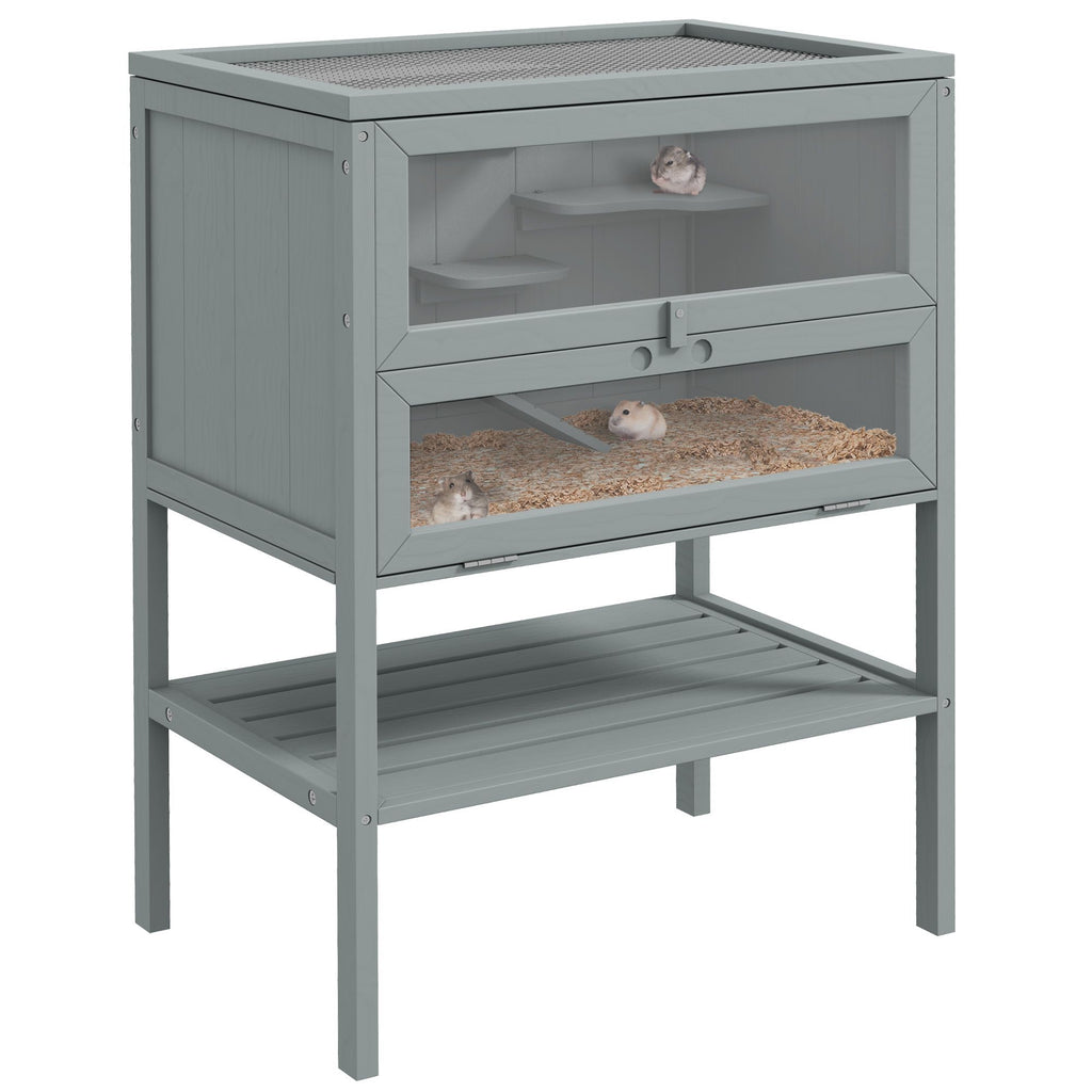 3-Tier Wooden Large Hamster Cage, Mice and Rat Cage Small Animals Hutch with Openable Top, Front Door, Storage Shelf, Gray