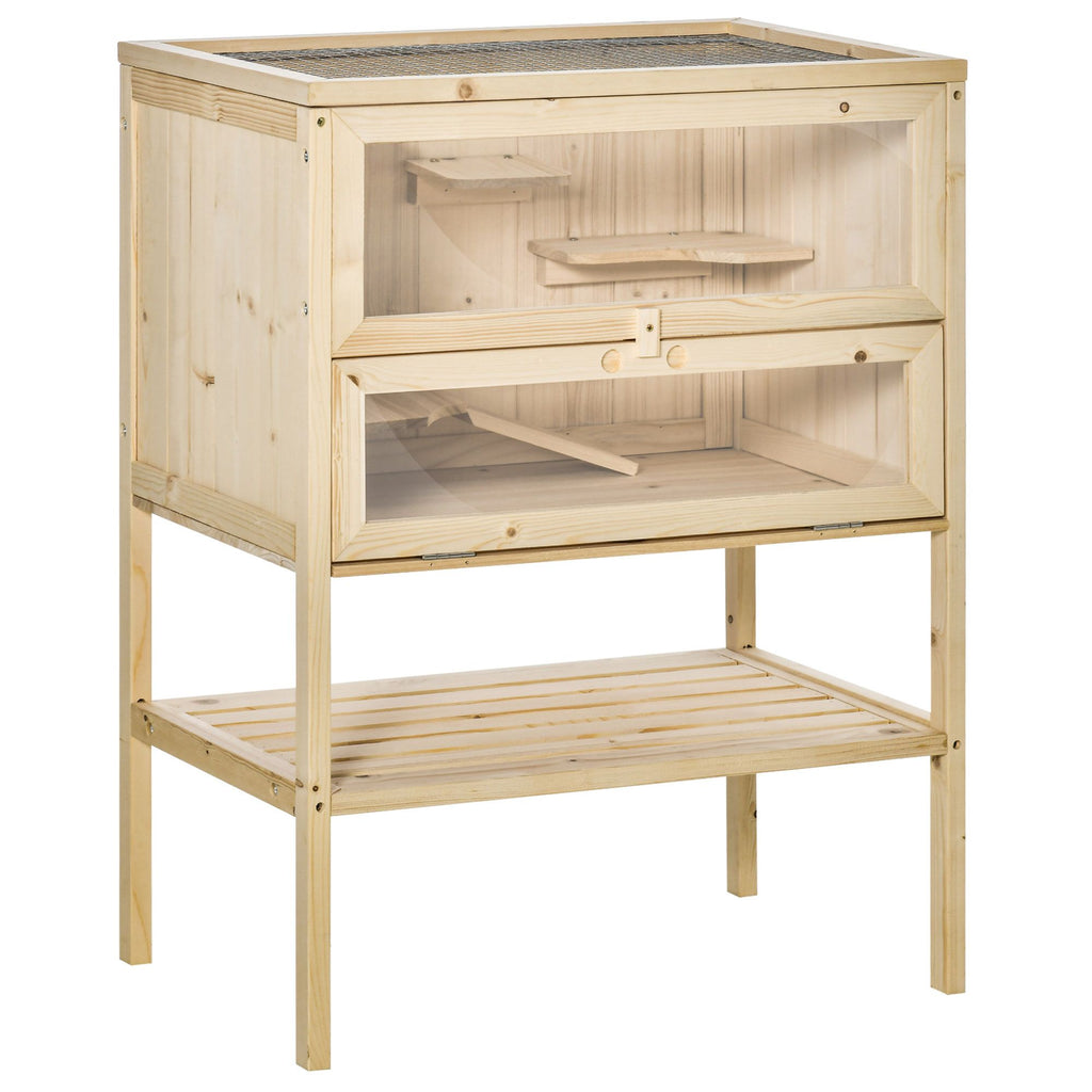 3-Tier Wooden Large Hamster Cage, Mice and Rat Cage Small Animals Hutch with Openable Top, Front Door, Storage Shelf, Nature