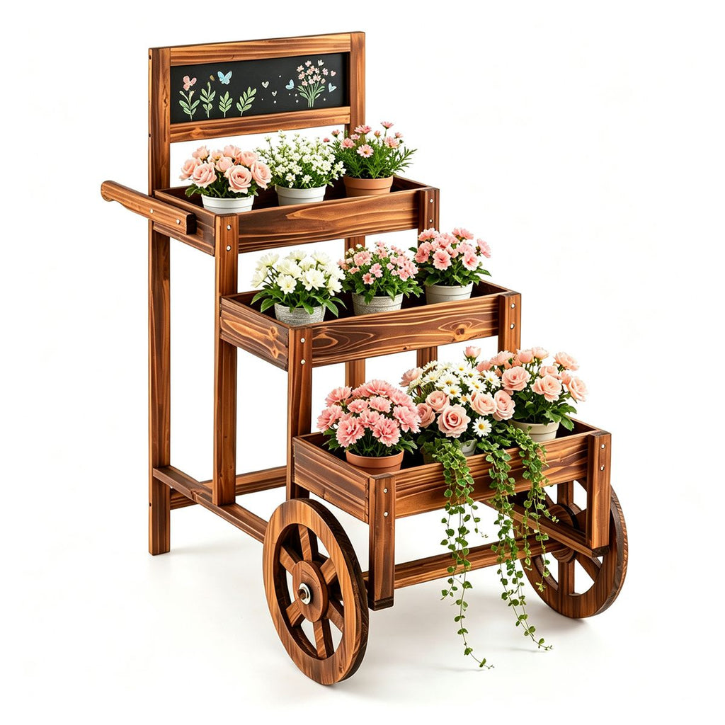 3-Tier Wooden Plant Display Stand, Carbonized Fir Wood Flower Cart with Chalkboard & Rolling Wheels, Waterproof Farm Stand with Reinforced Crossbar for Garden Wedding Party Market Decor