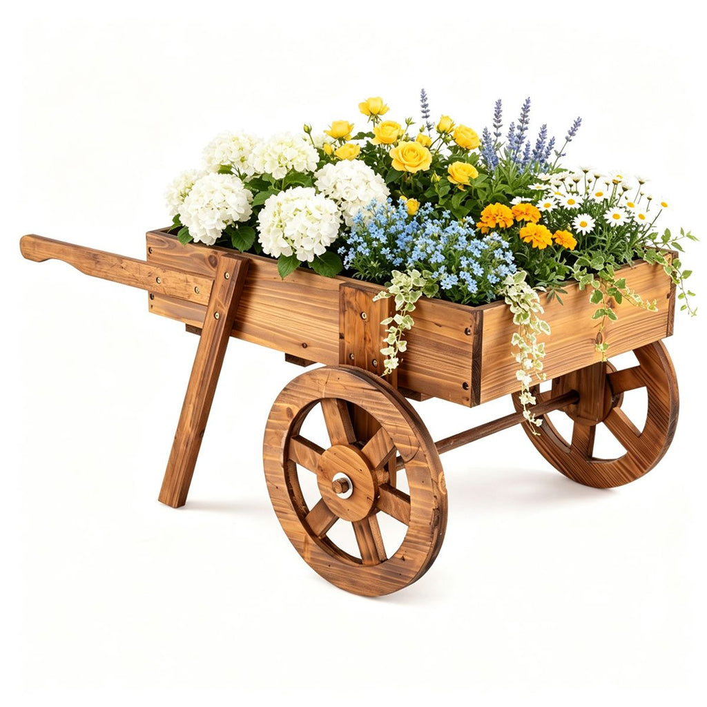 3-Tier Wooden Plant Display Stand, Carbonized Fir Wood Flower Cart with Chalkboard & Rolling Wheels, Waterproof Farm Stand with Reinforced Crossbar for Garden Wedding Party Market Decor