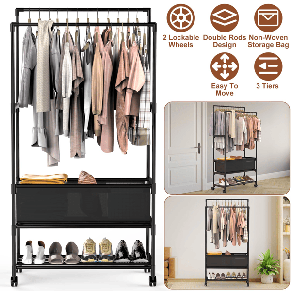 3 Tiered Portable Clothing Rack For Bedroom Entryway Double Hanging Rods Sturdy Iron Garment Rack With Double Height Rods Adjustable Storage Bag Lockable Universal Wheels Easy Assembly