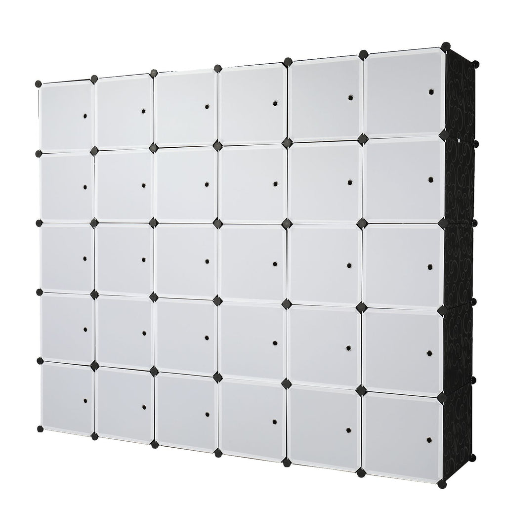 30 Cube Organizer Stackable Plastic Cube Storage Shelves Design Multifunctional Modular Closet Cabinet with Hanging Rod White Doors and Black Panels YF