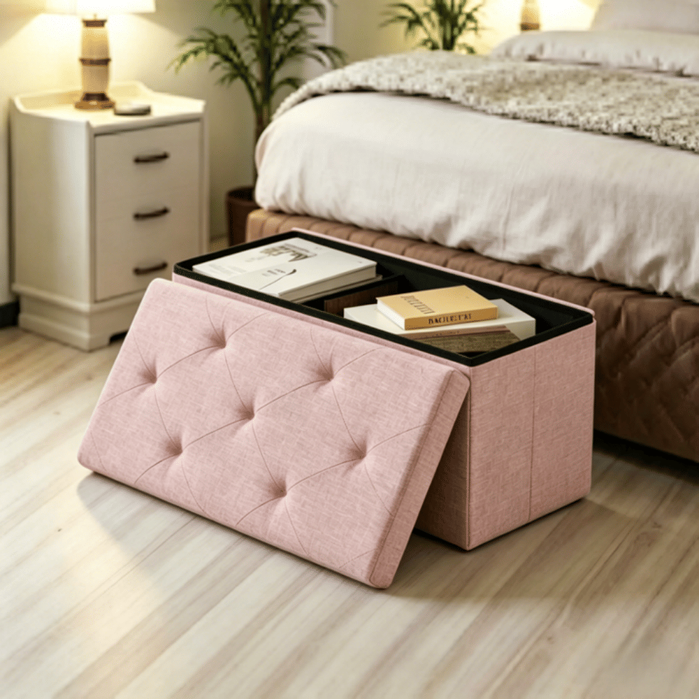 30" FoldableStorageOttoman Bench Linen Footrest Stool with Foam Padded Seat, Pink