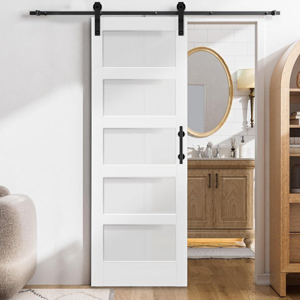 30 in. x 84 in. Unfinished Sliding Barn Door with 5FT Barn Door Hardware Kit & Handle, 5 Panel Tempered Glass Requires Simple DIY Assembly