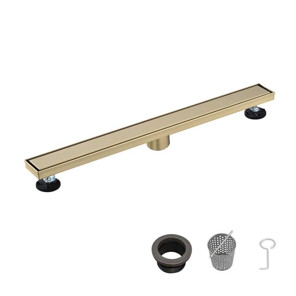 30 Inch Linear Shower Drain with 2-in-1 Flat & Tile Insert Removable Cover, 304 Stainless Steel with Hair Strainer and Leveling Feet, Brushed Gold