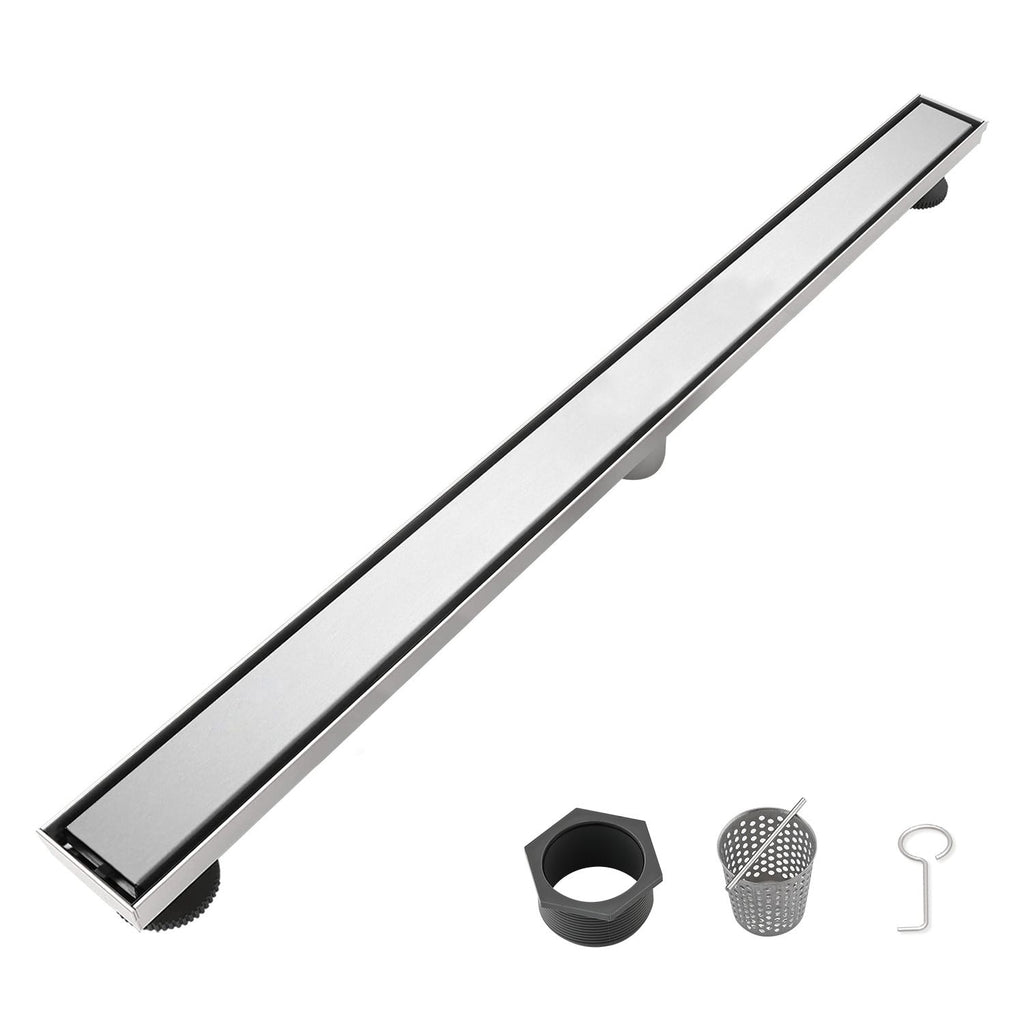 30 Inch Linear Shower Drain with 2-in-1 Flat & Tile Insert Removable Cover, 304 Stainless Steel with Hair Strainer and Leveling Feet, Brushed Nickel