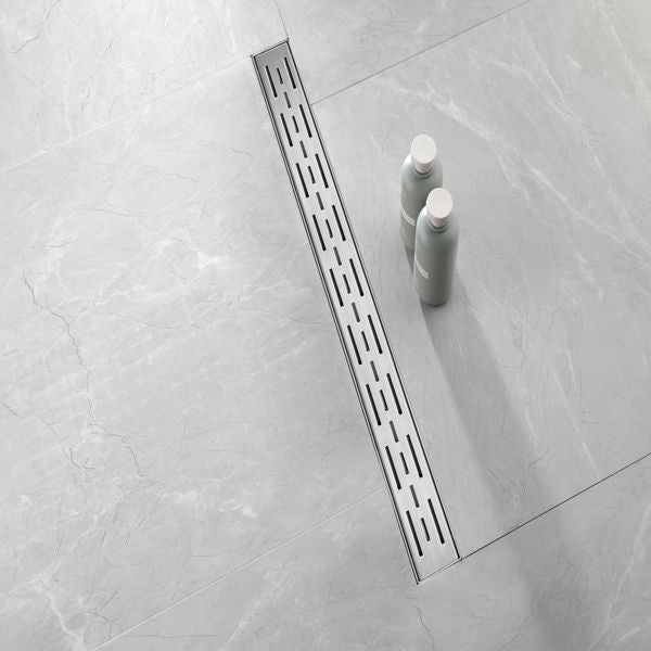 30 Inch Linear Shower Drain with Removable Brick Patterned Grate Cover, 304 Stainless Steel Shower Floor Drain with Hair Strainer and Leveling Feet